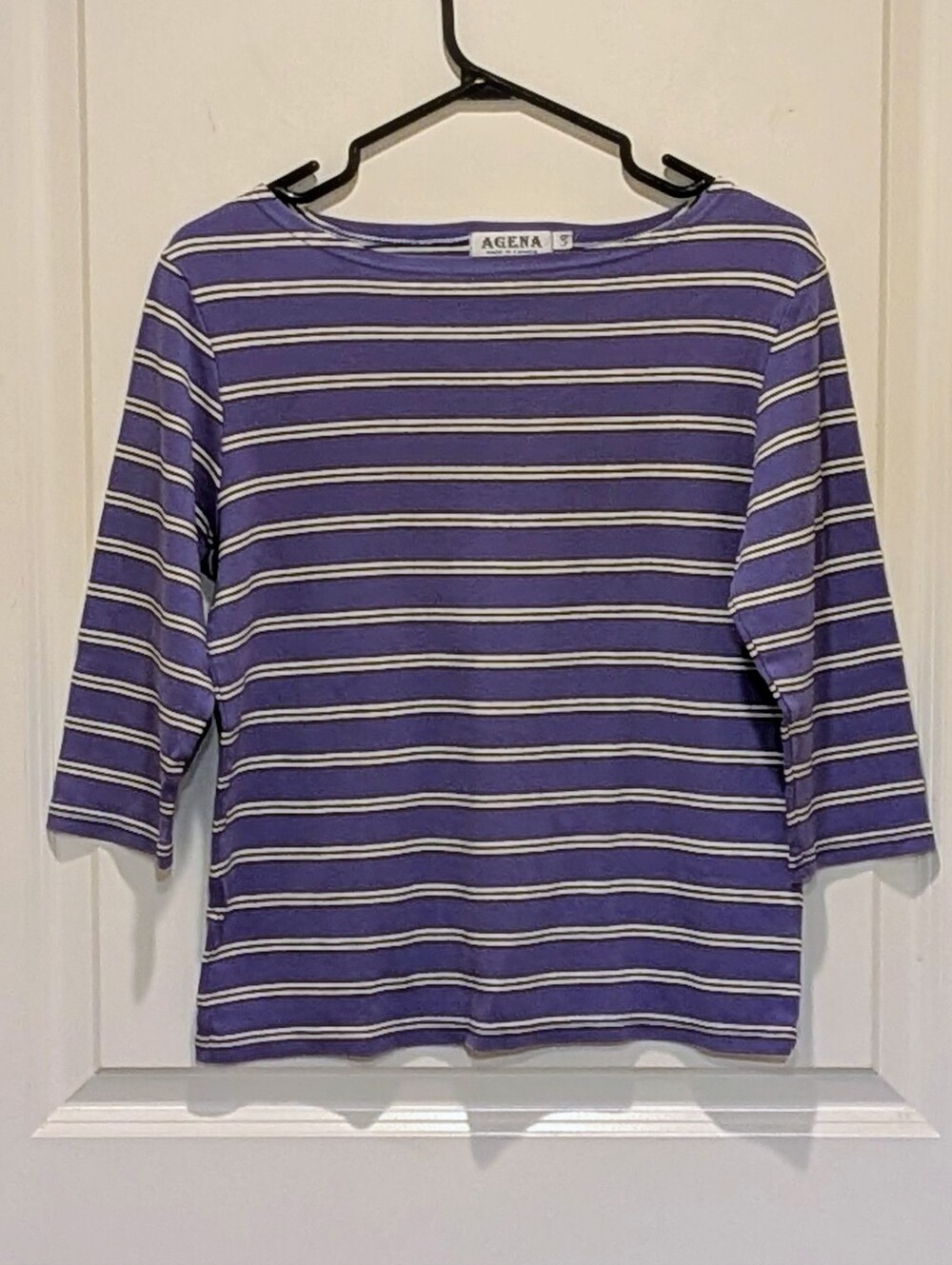 EUC 90s Agena L Vintage Blue Black and White Striped Stretch Cotton Top